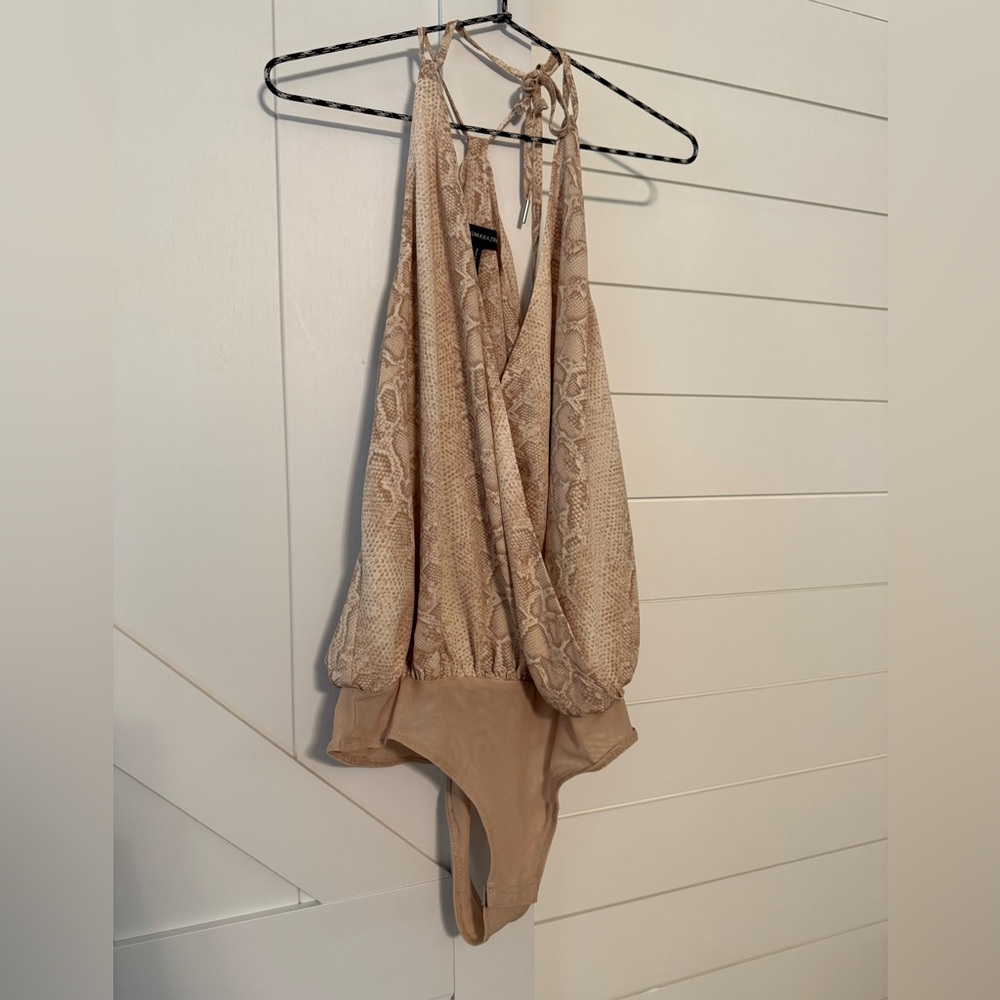 BCBGMaxAzria Snake Skin Bodysuit with Adjustable Tie Straps